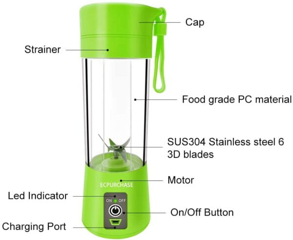 Portable Blender Single Serve, Small Size Blender USB Rechargeable 380ml (Green) - Image 2