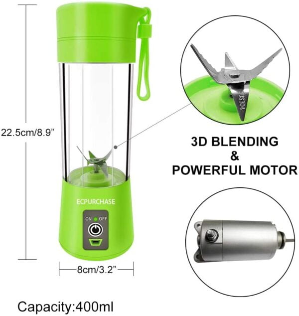 Portable Blender Single Serve, Small Size Blender USB Rechargeable 380ml (Green) - Image 3