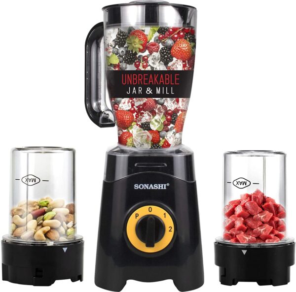 Sonashi 3 In 1 Countertop Blender 300W With Unbreakable Jar & Mill (Black) SB-155N