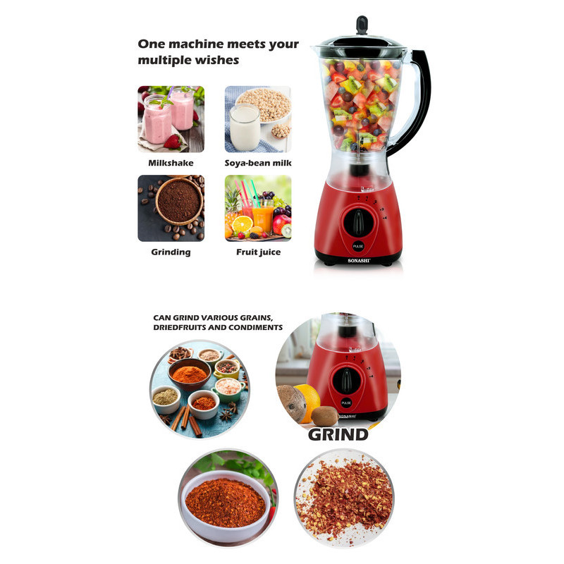 SONASHI 2 in 1 Blender SB-154 – 4 Speed, 550W Countertop Blender Mixer with Overheat Protection, Safety Lock System, 1.5L Unbreakable Jar, Grinding Cup.