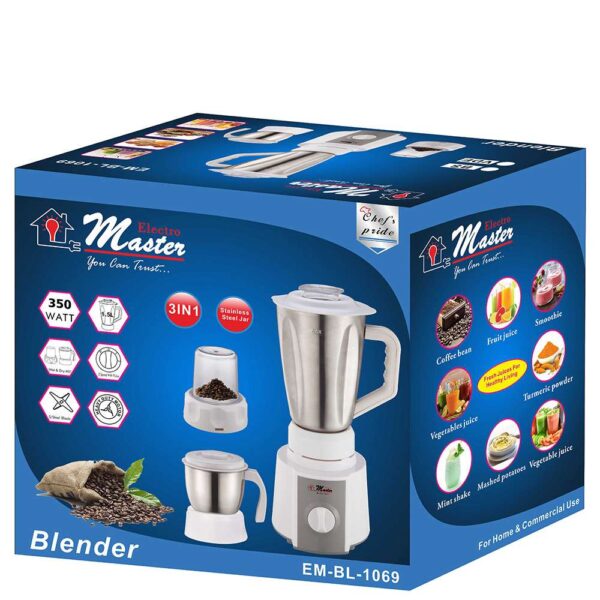 Electro Master EM-BL-1069 3-in-1 Stainless Steel Blender -1.5L - White