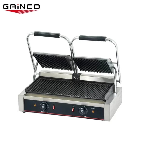 Double Commercial Sandwich Maker Grill with Grooved Plates