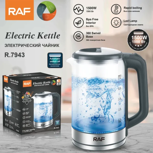 RAF 2.5L Automatic Switch off Electric Kettle/ Water Heating Glass Body Jug