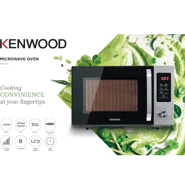 KENWOOD 30L Microwave Oven with Grill, Digital Display, 5 Power Levels, Defrost Function, Stainless Steel, Auto Menu, 95 Minutes Timer, Clock Function 1000W MWM30.000BK Black/Silver.