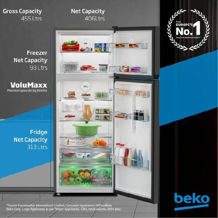 Beko Refrigerator 455 Liters Gross (406 Net) Capacity, No Frost, Low Noise, Pro Smart Inverter Compressor, RDNG455DDI – (Dark Inox)